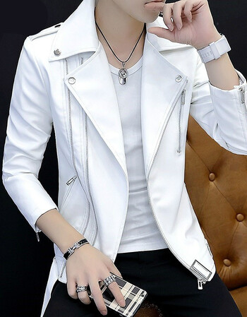 潮牌春装皮夹克帅气褂子机车韩版外套无双至京8023白色165m90到105斤