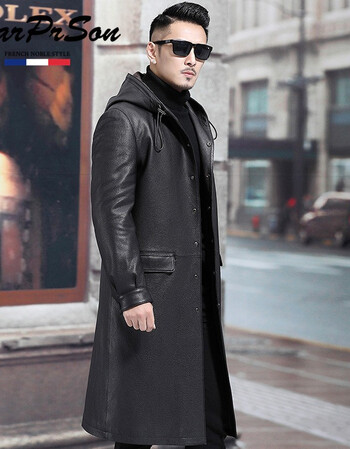 皮风衣男士长款秋冬皮衣超长皮风衣头层牛皮连帽长皮大衣外套潮黑色
