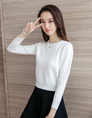 女2018毛衣女短款厚针织衫长袖短装打底衫套头圆领百搭小款上衣 白色