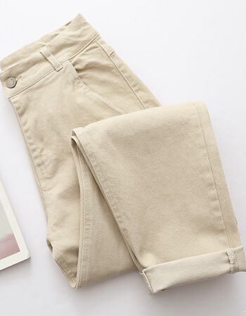 com米色高腰小脚哈伦裤韩版斜纹磨毛牛仔宽松休闲萝卜裤长裤女 卡其色