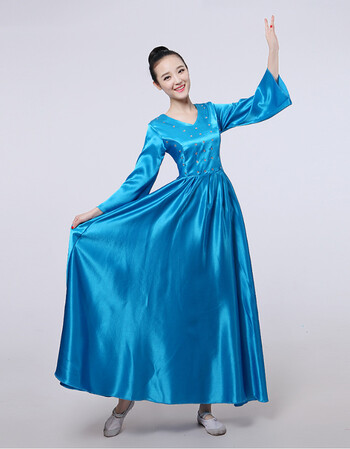 舞蹈大摆裙连衣裙合唱服中老年表演出服装长裙舞台广场舞开场舞 蓝色