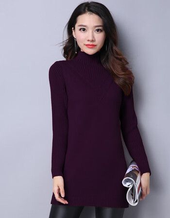 中长款羊绒衫女装韩版羊毛针织修身显瘦半高领毛衣女打底衫 酱紫色 xl