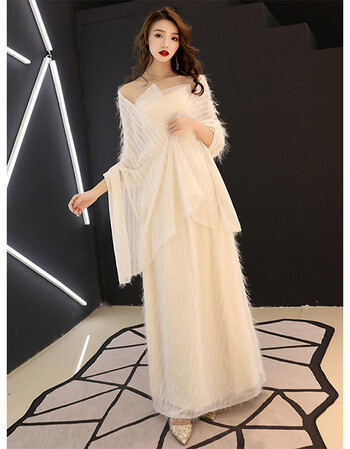 高贵优雅聚会连衣裙抹胸一字肩伴娘礼服长款主持人女冬 香槟色 披肩