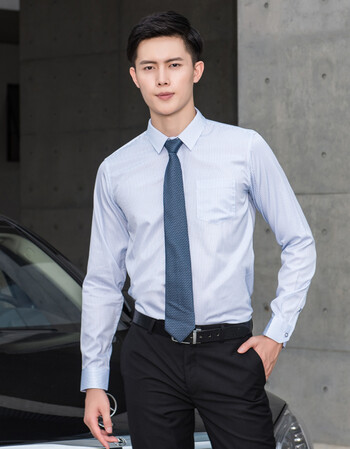 衬衫长袖白领工作服银行4s销售面试正条纹衬衣品质定制款 男 蓝条纹