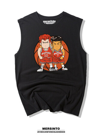 木森图夏季男士背心灌篮高手t恤圆领体恤无袖樱木花道衣服潮马甲 黑色