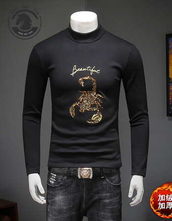 新款男士加绒高领打底衫蝎子亮片刺绣长袖t恤保暖小衫厚t恤潮时尚男装