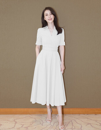 高圆圆明星同款白色衬衫连衣裙女v领雪纺长裙修身礼服裙 白色 s