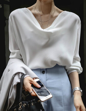 雪纺白衬衫女韩版长袖宽松白色衬衣2019春装新款漏锁骨很仙的上衣