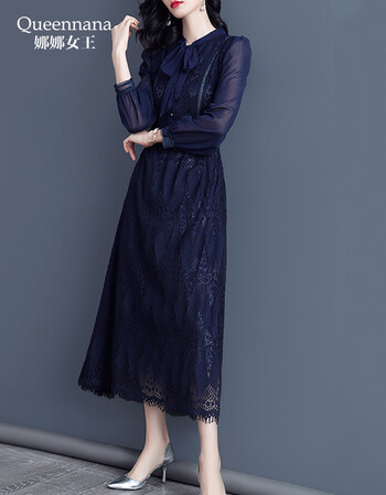 娜娜女王新款连衣裙2019春新品女装深蓝色蕾丝裙洋气镂空a字裙长裙子