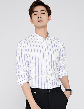 aemape苹果竖纹长袖衬衫男2019新款男士时尚简约轻商务免烫衬衣 白色