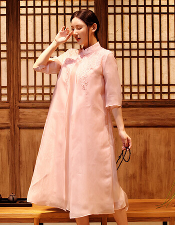 2018夏季新款中式改良古装汉服中国风欧根纱禅服假两件文艺连衣裙