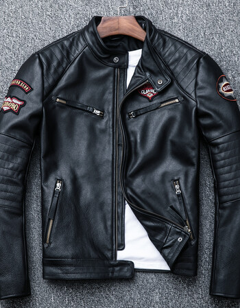 欧美刺绣男士机车真皮皮衣牛皮男式立领摩托车服夹克外套 黑色 s
