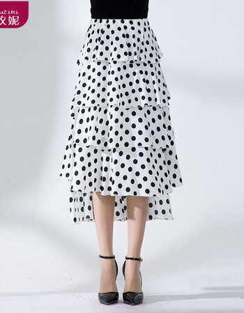 裙半身裙小个子斑点长款裙子2019年春款波点不规则长裙女雪纺 白底