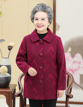 中老年人女装春秋季60-70岁80奶奶长袖衣服老人服装太太毛呢外套 玫红