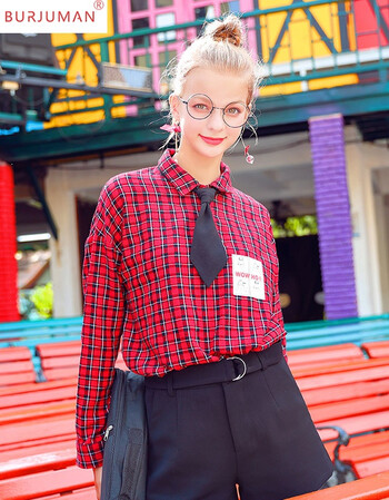 轻奢品牌ins女生领带衬衫女帅气红色格衬衣女学院风中性情侣上衣19春