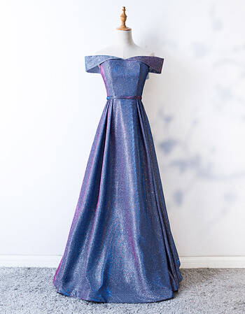 款显瘦生日派对连衣裙宴会晚礼服主持人女仙气梦幻 一字肩渐变浅蓝色