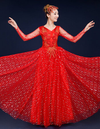 开场舞大摆裙演出服新款现代舞蹈舞台服装大合唱服女伴舞长裙成人