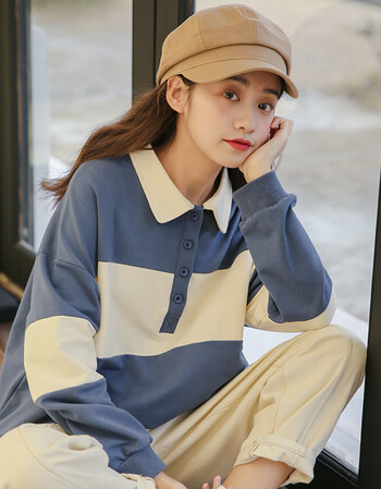女翻领春秋宽松 春装百搭翻领长袖t恤女时尚有领打底衫韩版内搭032110