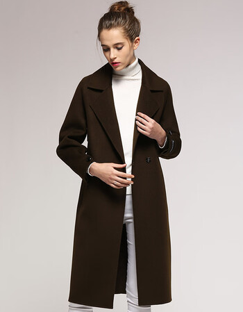 羊毛双面羊绒大衣女中长款秋冬新款韩版直筒显瘦毛呢子外套 茶褐色 xs