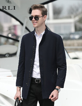 carli 卡拉利春季新款男士商务休闲净色经典立领风衣外套中长款男士