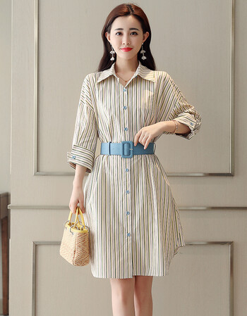 零五七一世家2019春装知性优雅条纹衬衫裙收腰显瘦连衣裙女潮中长款七