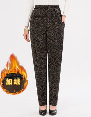 中老年女裤加绒加厚弹力休闲高腰长裤秋冬妈妈装直筒裤子 2#绿凤尾