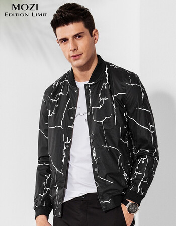 mozi男装印花外套男2019春季新款棒球服潮流休闲飞行员夹克时尚百搭