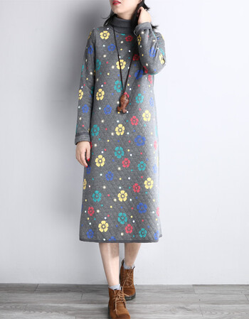 冬季连衣裙复古印花中长款宽松加厚文艺高领夹棉打底裙 灰色 m