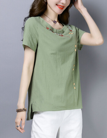 梵乔希品牌棉布短袖t恤女宽松复古文艺妈妈透气上衣夏装女体恤 草绿色