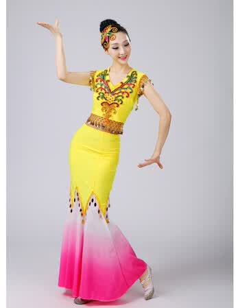 傣族舞蹈演出服装孔雀舞古典舞包臀长款鱼尾裙云南西双版纳女 金色 l