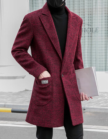 秋冬新款韩版男装羊毛大衣中长款毛呢外套修身男士呢子大衣 酒红色 m