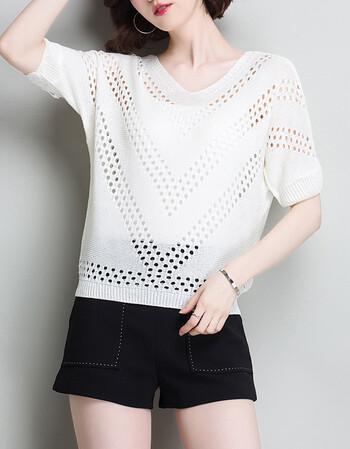 短款破洞镂空冰丝针织衫女2018夏季短袖t恤女宽松薄款打底衫上衣 白色