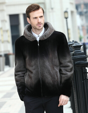 2018水貂男式装真皮毛貂皮大衣整貂皮草带帽连帽外套 银色 l