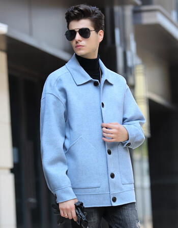 款手工双面羊绒大衣韩版夹克落肩宽松羊毛呢情侣外套男 女浅牛仔蓝色