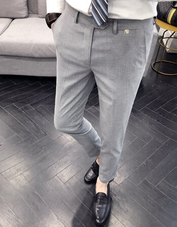 秋季新款纯色男士休闲裤小脚西裤修身精品男裤发型师九分裤潮 浅灰色