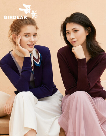 哥弟女装2019夏季新款v领纯色羊毛长袖针织开衫a400298 藏蓝 xs(1码)