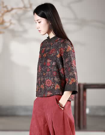 名兰世家秋季新款绢纺香云纱斜襟圆领中式上衣女 太阳花 xs