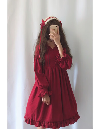 lolita软妹服可爱萝莉小裙子洛丽塔日常学生宽松长袖连衣裙女 酒红色