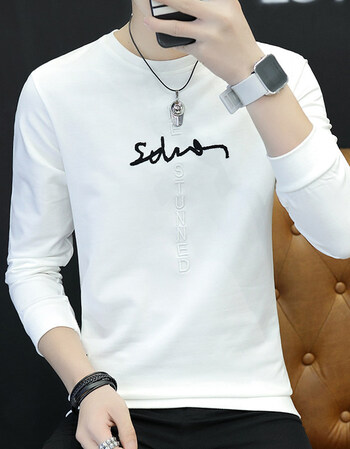 2019新款t恤男士圆领体恤韩版潮男搭配外套的长袖卫衣打底衫 白色