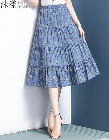 沫漾碎花半身裙中长款2019春夏新款百搭优雅印花拼接a字蓬蓬百褶裙中