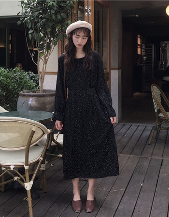 女装韩版森女系冷淡风长裙复古波点中长款收腰显瘦长袖连衣裙 黑色