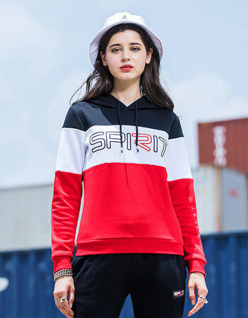 特步卫衣女装长袖2018秋季新款连帽套头衫上衣运动装拼接撞色休闲上衣