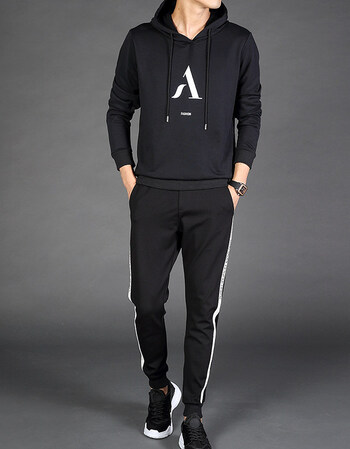 韩版加绒厚三件套秋冬季男士卫衣外套青少帅气衣服潮 tz1802黑衣 黑裤