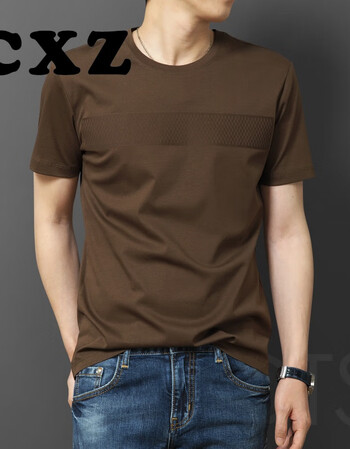 男士丝光棉圆领短袖t恤纯棉商务潮流男装冰丝宽松2019新款潮 深棕色 m