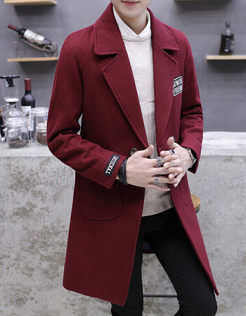 呢子大衣男中长款韩版修身秋冬翻领男士毛呢青年帅气风衣外套 酒红色