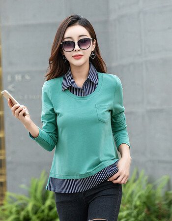 打底衫女长袖t恤宽松秋装2018新款韩版小衫假两件翻领棉上衣服 青色 l