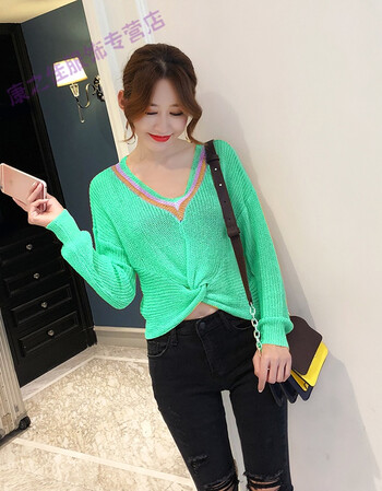 锁骨上衣秋装女2018新款女装韩版时尚长袖针织镂空慵懒风毛衣女 青色