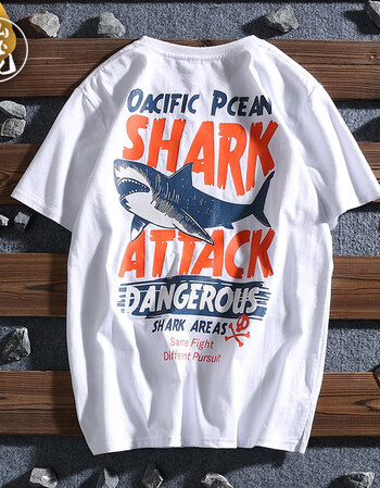 欧美复古青少年鲨鱼印花短袖t恤男女街头滑板宽松休闲潮牌圆领t恤