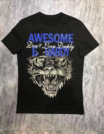 新品推荐19春夏新款潮牌ed hardy埃迪哈德老虎头烫钻字母宽松休闲t恤