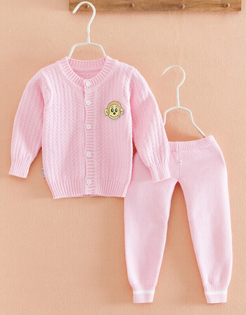 婴儿毛衣开衫套装男女宝宝纱衣秋冬装新生儿纯棉线衣针织衫0-1岁 粉红